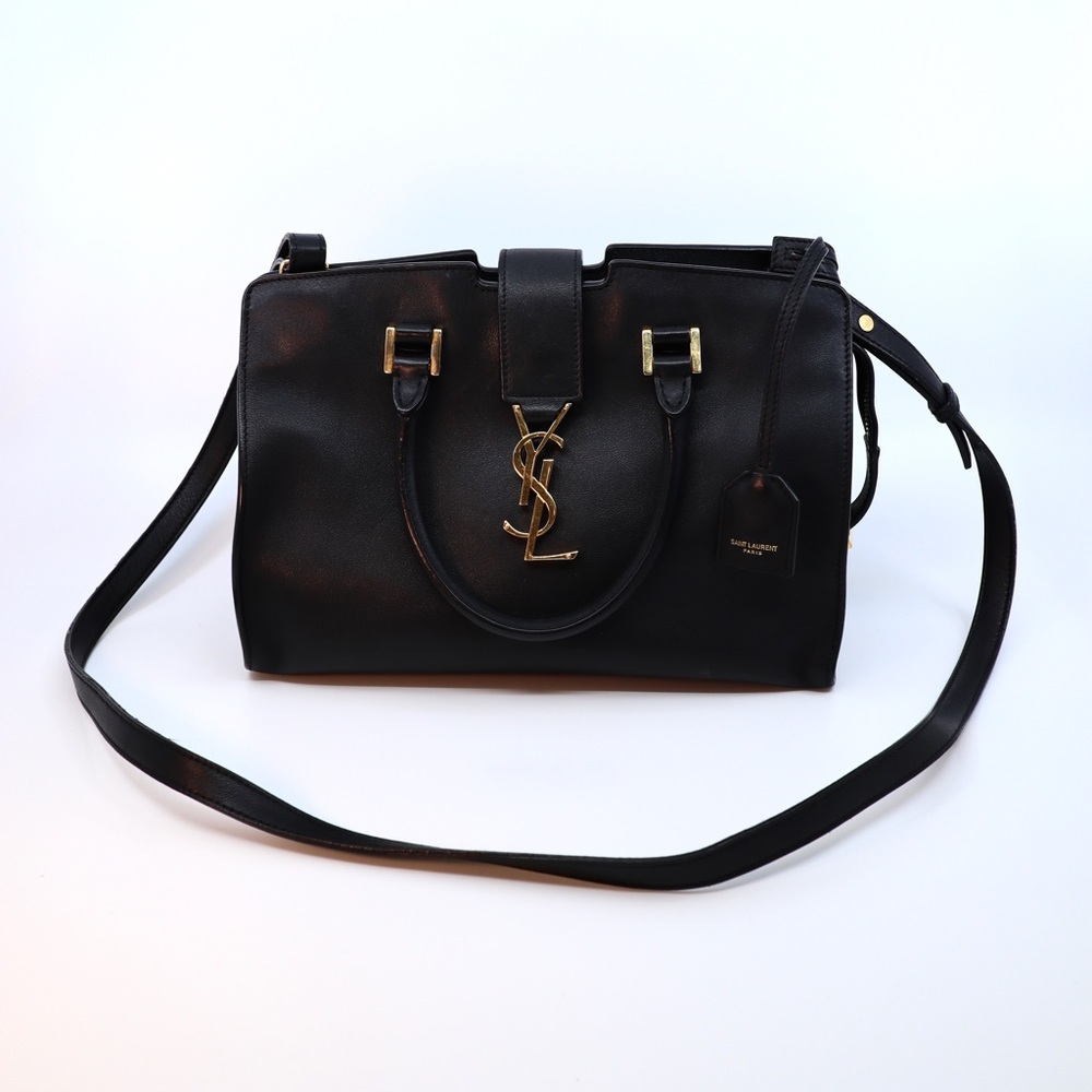 YSL Saint Laurent Baby Cabas Crossbody Black Calfskin Leather Handbag Tote Gold